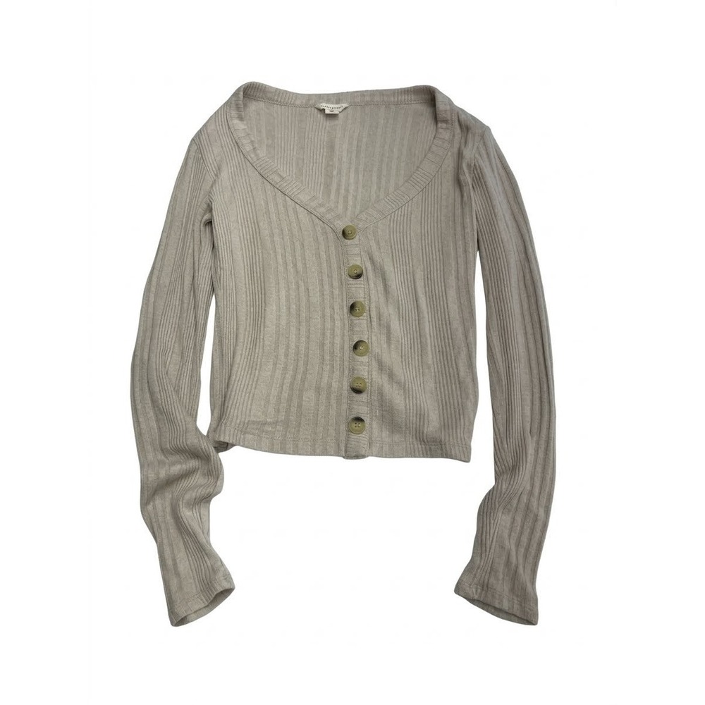 Aeropostale Cardigan Womens Medium Tan Good Ribbed V-Neck Button Front Cropped